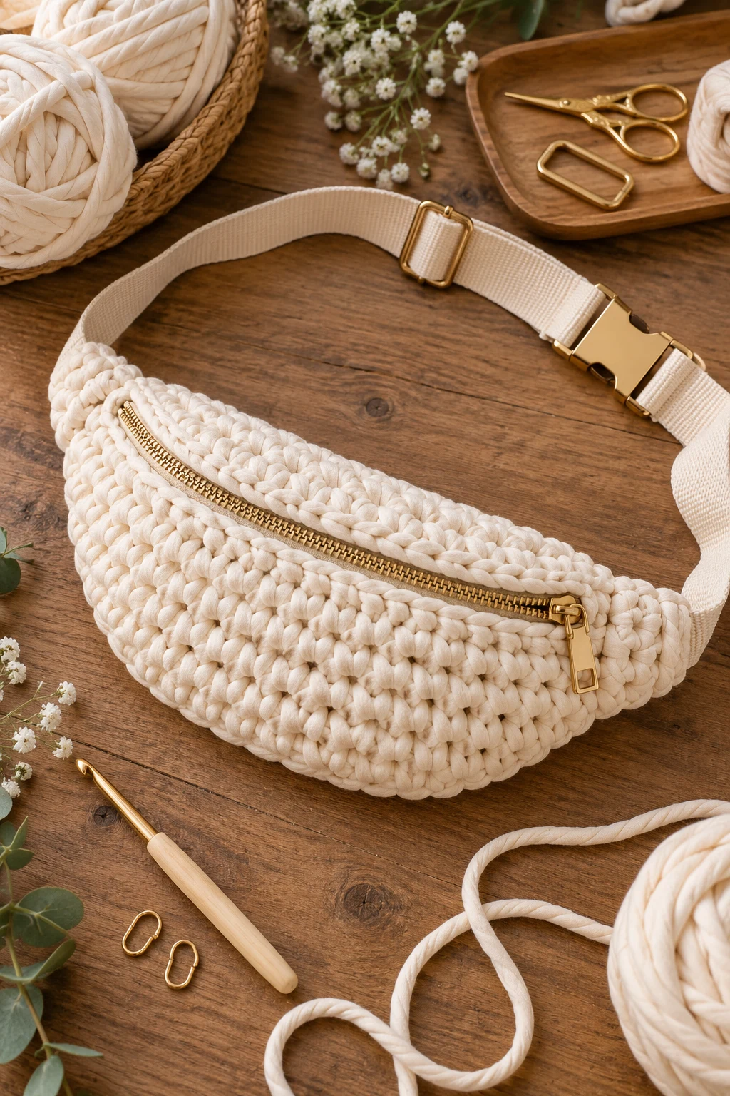Chunky Cream Statement Bag — crochet bum bag style outfit