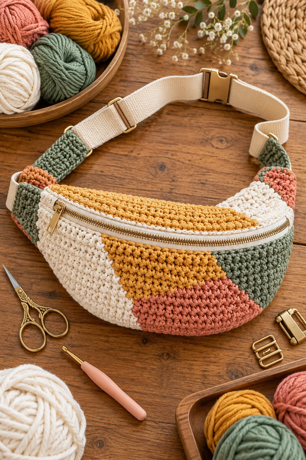 Color-Blocked Retro Hip Bag — crochet bum bag style outfit