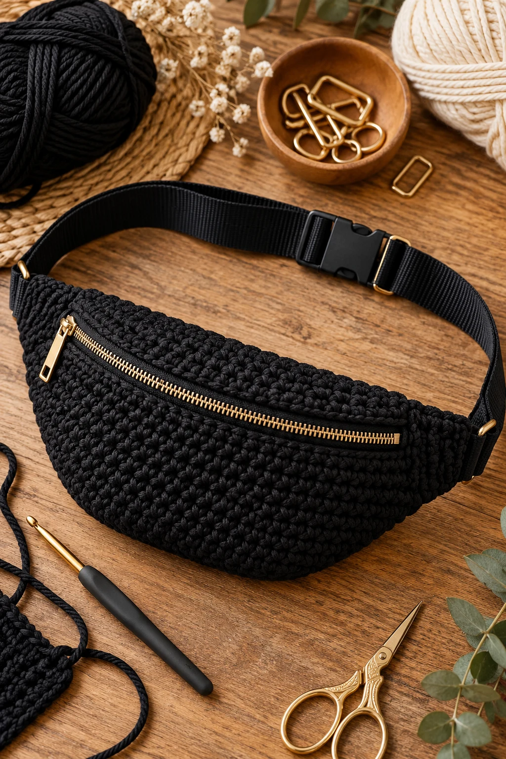 Black Minimalist Crochet Fanny Bag — crochet bum bag style outfit