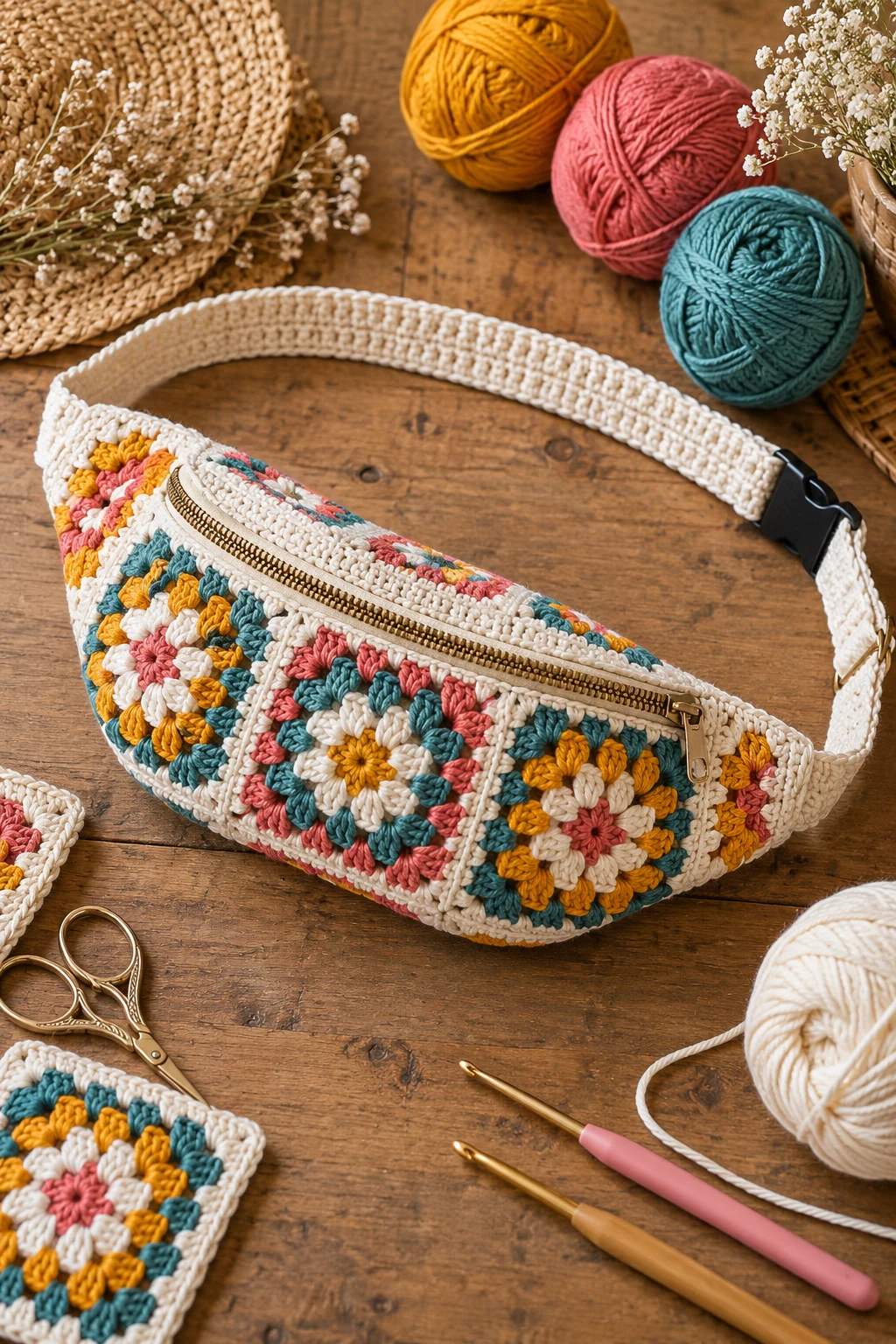 Granny Square Festival Bag — crochet bum bag style outfit