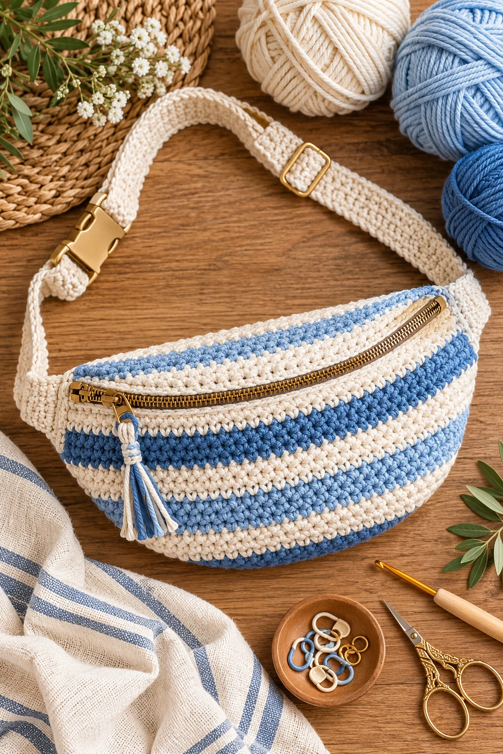 Striped Coastal Crochet Waist Bag — crochet bum bag style outfit