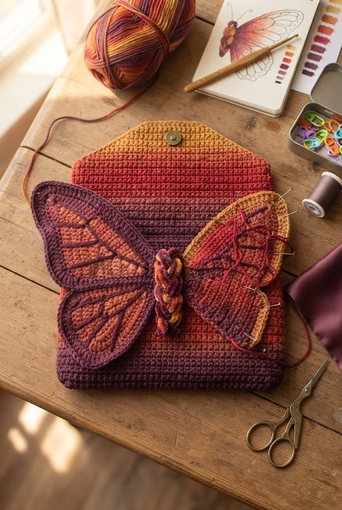 Ombre Sunset Winged Clutch — crochet butterfly bag style outfit