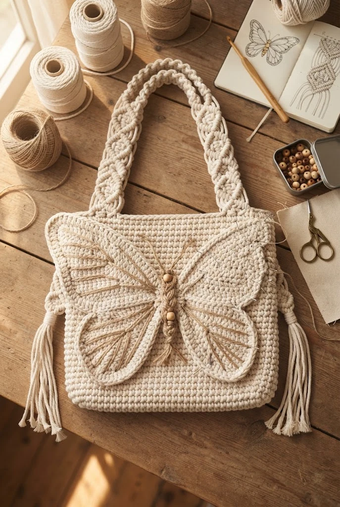 Sturdy Macrame-Accented Handbag — crochet butterfly bag style outfit