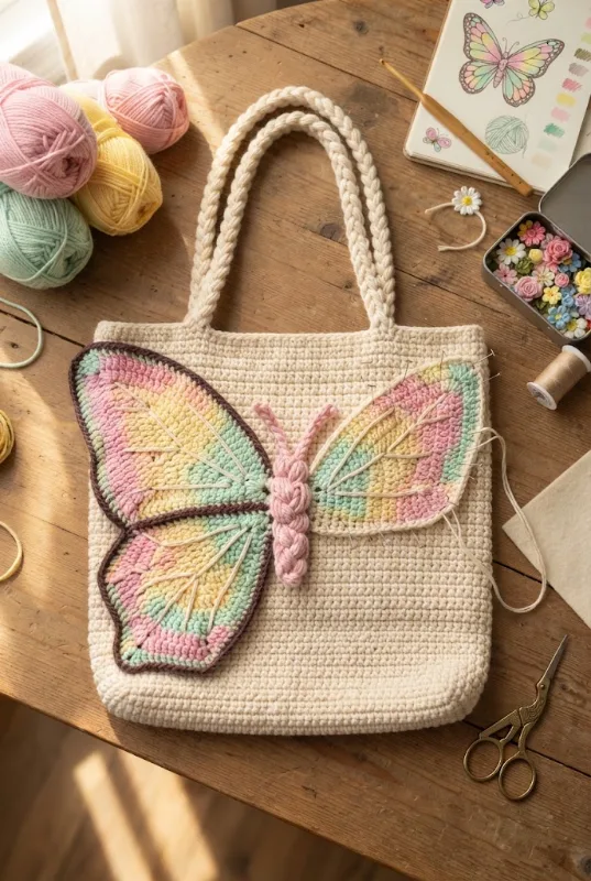 Floral Appliqué Embellished Tote — crochet butterfly bag style outfit