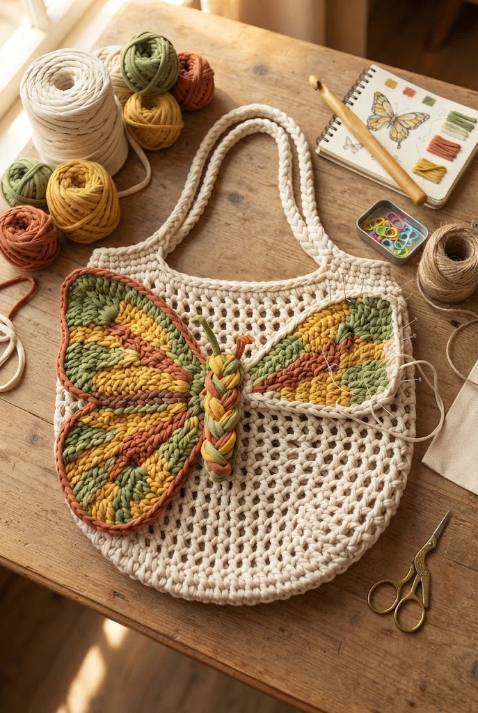 Eco-Friendly T-Shirt Yarn Market Bag — crochet butterfly bag style outfit