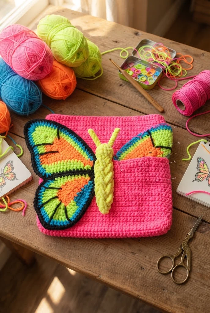 Neon Y2K Statement Purse — crochet butterfly bag style outfit