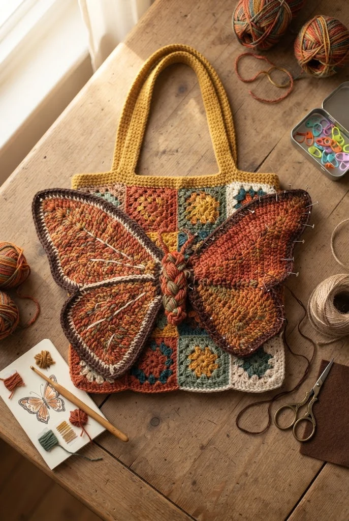 Bohemian Granny Square Butterfly Tote — crochet butterfly bag style outfit