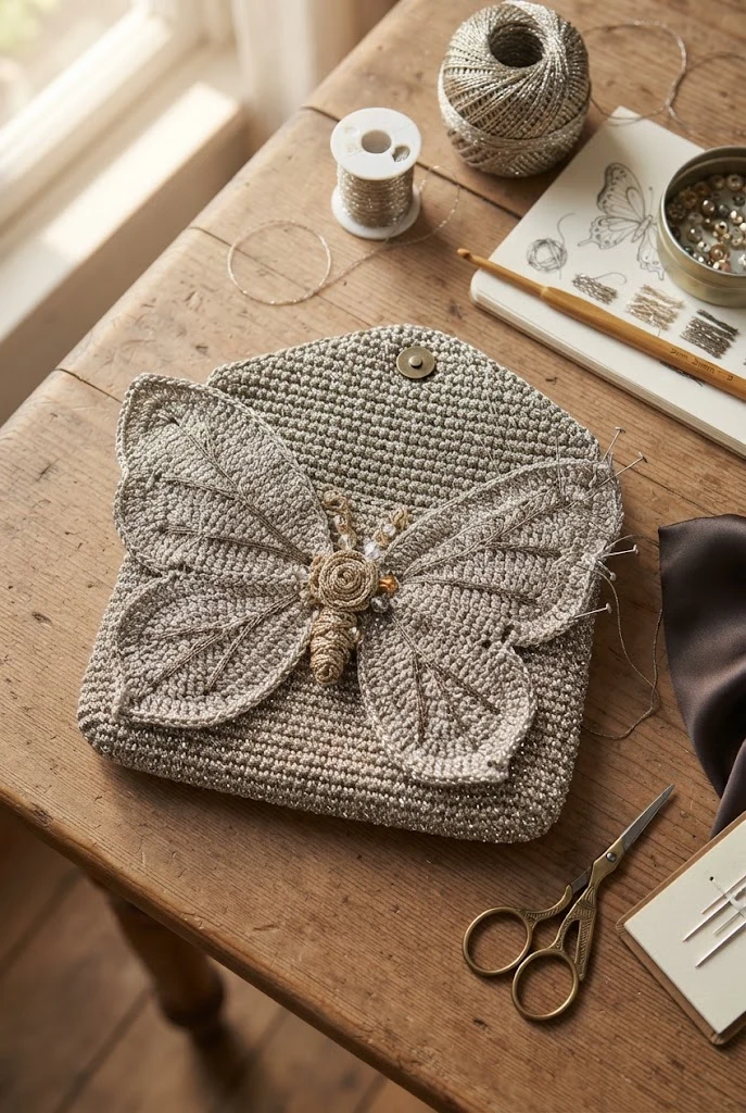 Sparkly Metallic Evening Bag — crochet butterfly bag style outfit