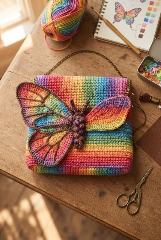 Gradient Rainbow Butterfly Purse — crochet butterfly bag style outfit