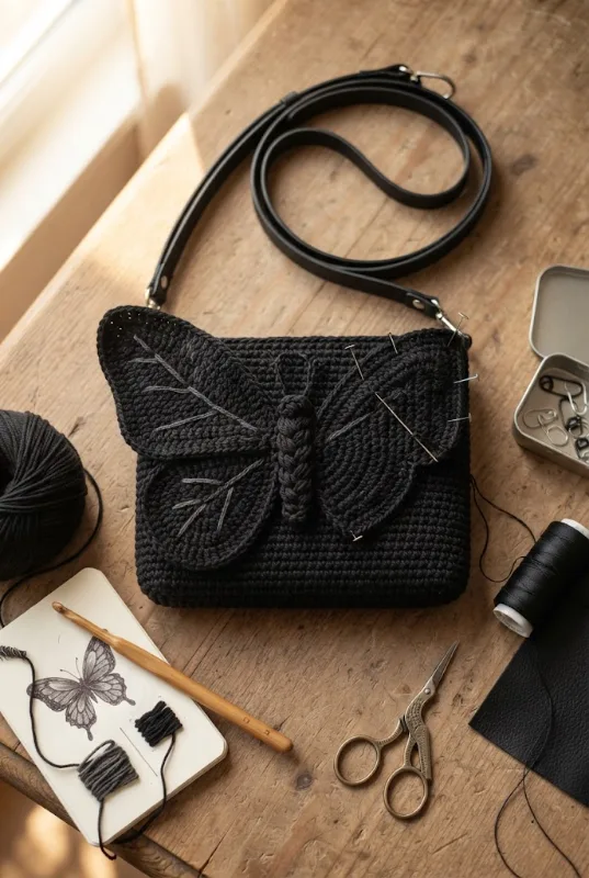 Minimalist Monochrome Crossbody — crochet butterfly bag style outfit