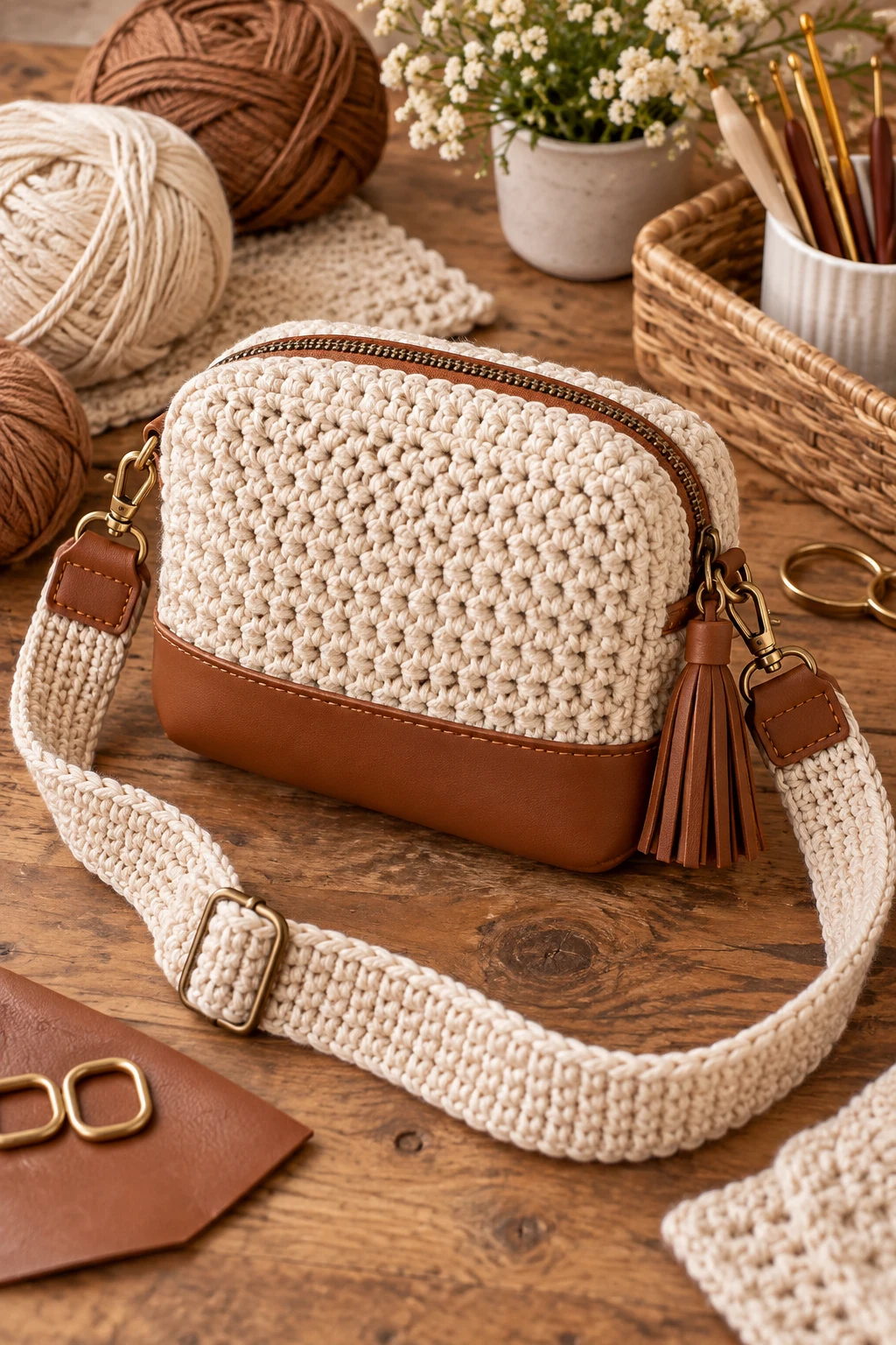 Crochet Camera Bag With Leather-Style Base — crochet camera bag style outfit