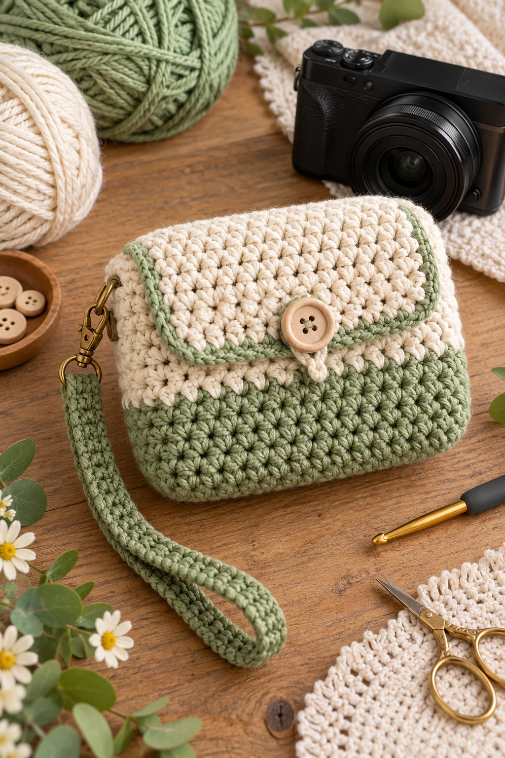 Compact Crochet Camera Pouch With Wrist Strap — crochet camera bag style outfit