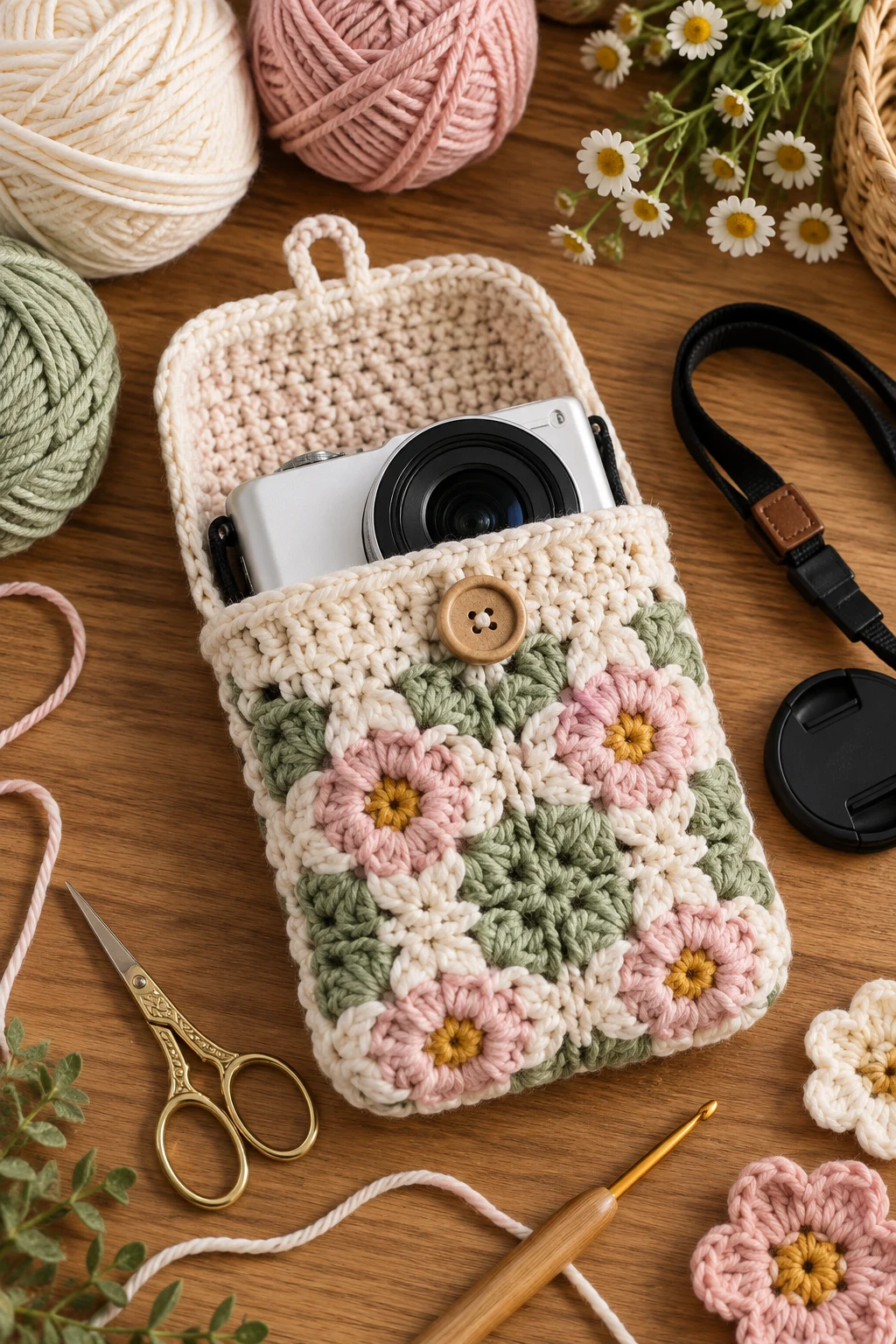 Crochet Camera Sleeve for a Small Camera — crochet camera bag style outfit