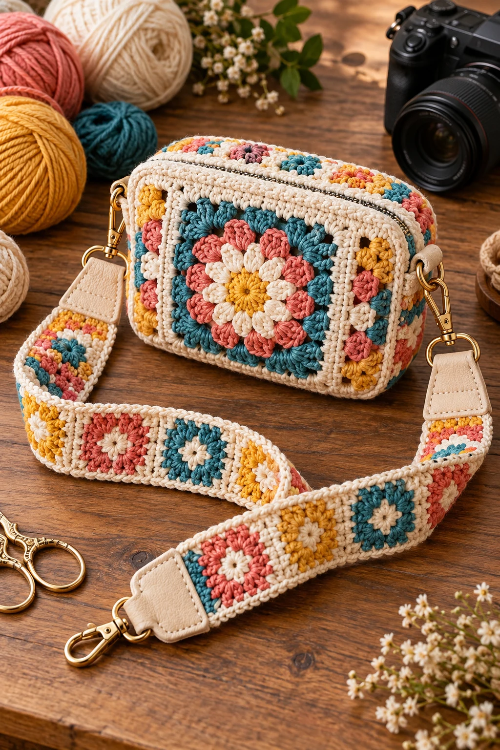 Colorful Camera Bag With Detachable Strap — crochet camera bag style outfit