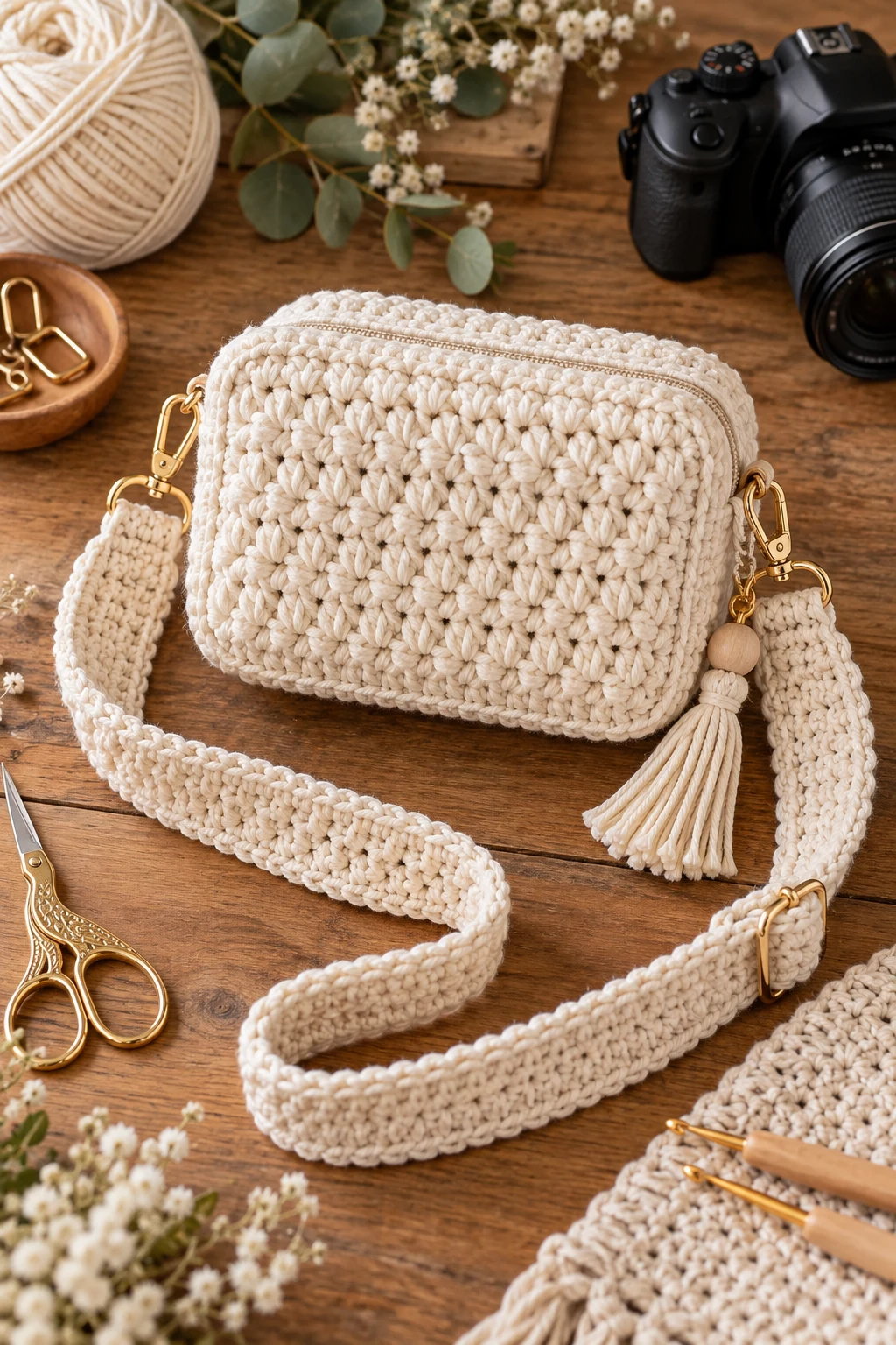 Elegant Cream Crochet Camera Bag — crochet camera bag style outfit