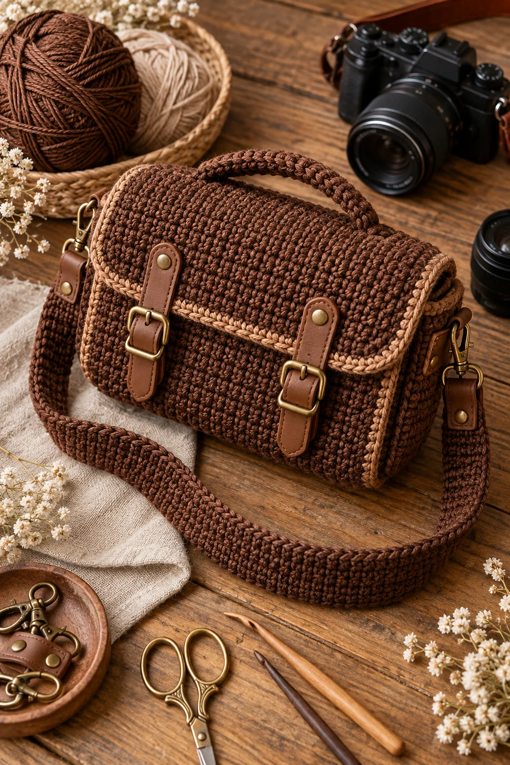 Vintage Brown Camera Satchel — crochet camera bag style outfit