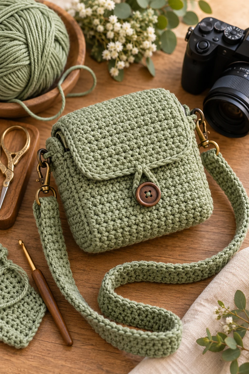 Soft Sage Green Camera Pouch — crochet camera bag style outfit