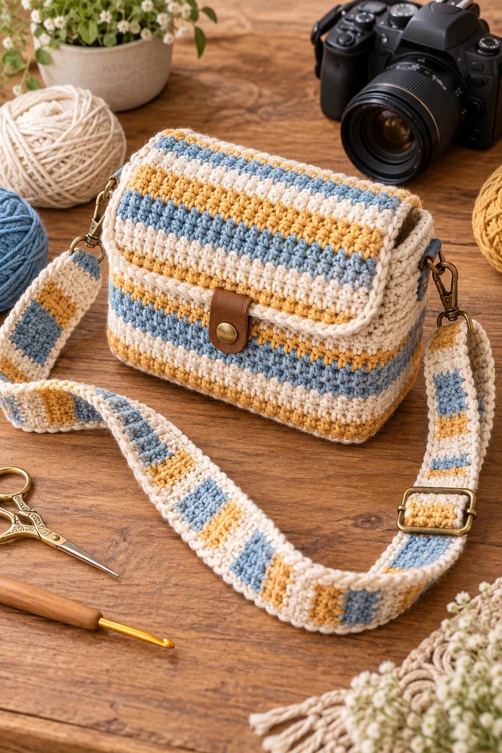 Striped Summer Camera Bag — crochet camera bag style outfit