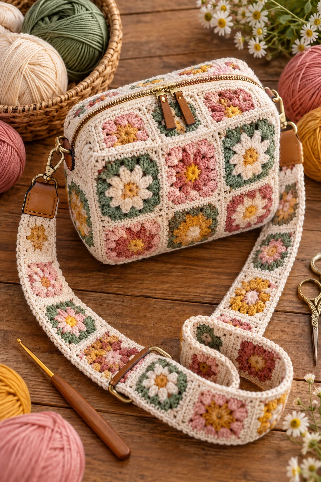 Granny Square Camera Crossbody — crochet camera bag style outfit