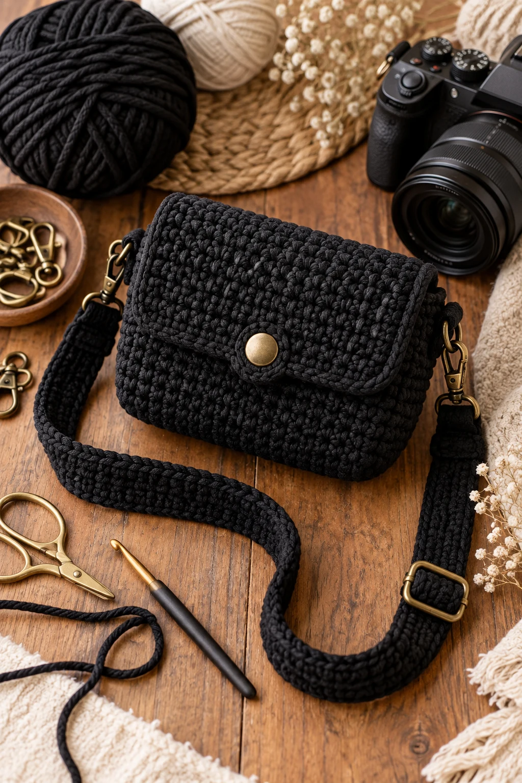 Minimalist Black Camera Case — crochet camera bag style outfit