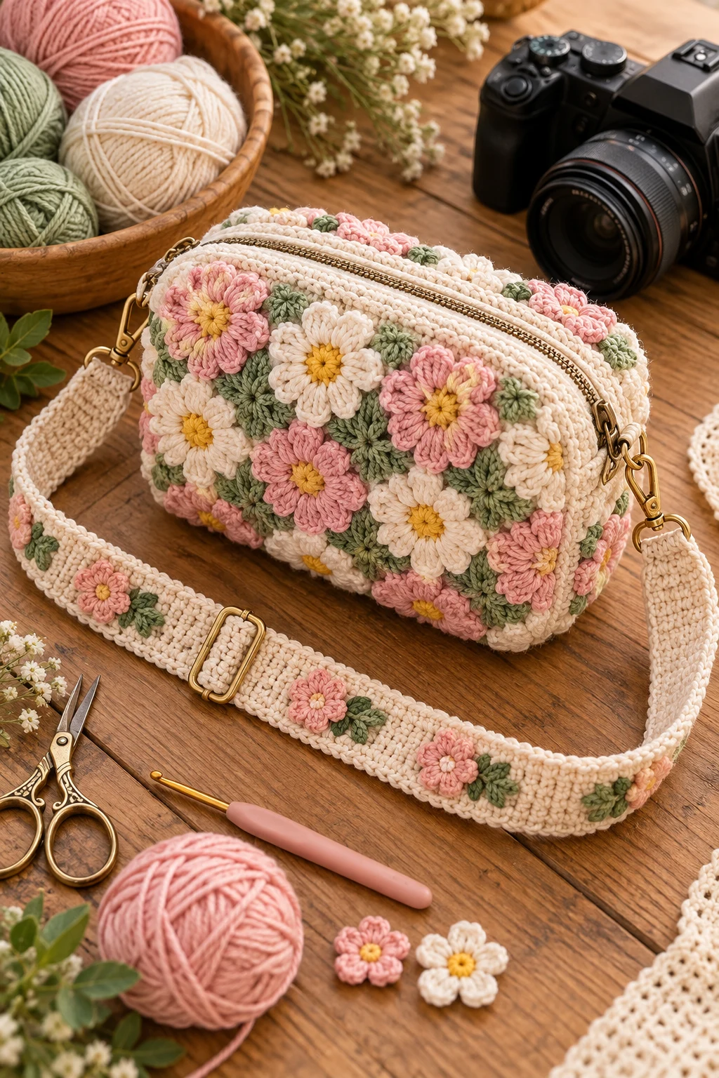 Floral Crochet Camera Bag — crochet camera bag style outfit