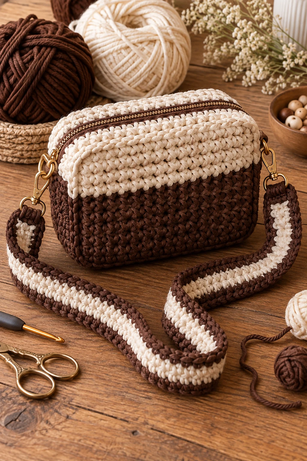 Two-Tone Chocolate and Cream Bag — crochet camera bag style outfit