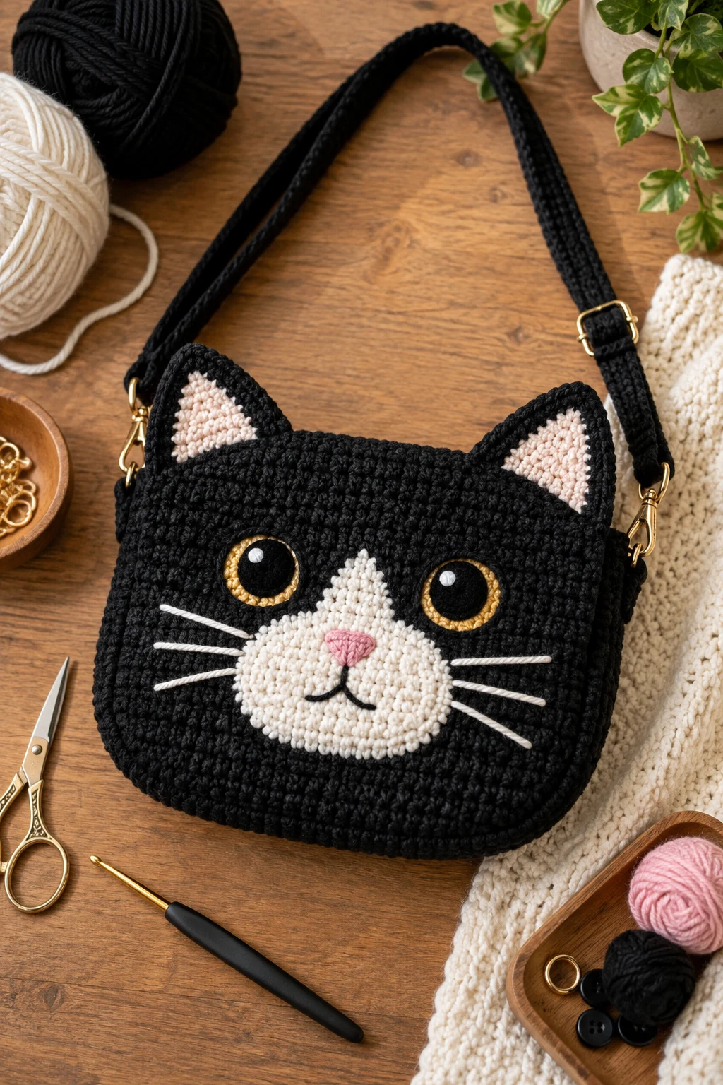Classic Black-and-White Cat Face Bag — crochet cat bag style outfit