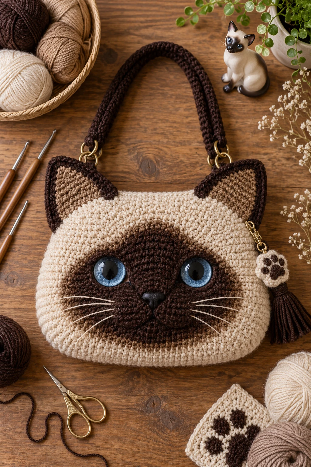 Siamese-Inspired Crochet Cat Bag — crochet cat bag style outfit
