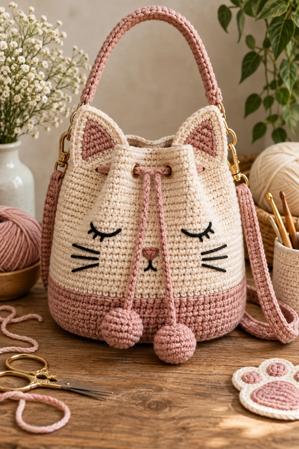 Cat-Ear Bucket Bag — crochet cat bag style outfit
