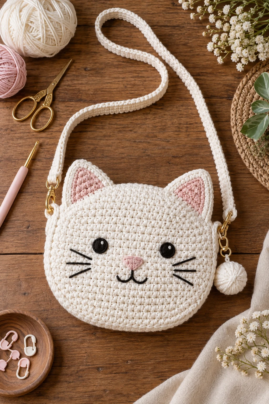 Minimalist White Cat Crossbody — crochet cat bag style outfit