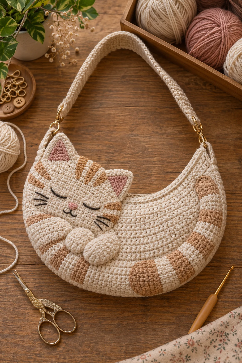 Sleepy Cat Crescent Bag — crochet cat bag style outfit
