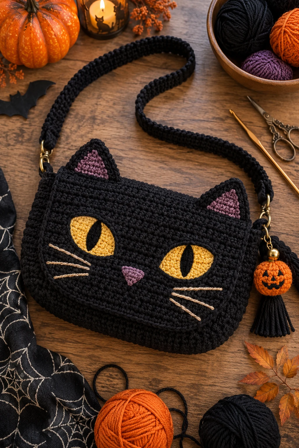 Black Cat Halloween Shoulder Bag — crochet cat bag style outfit