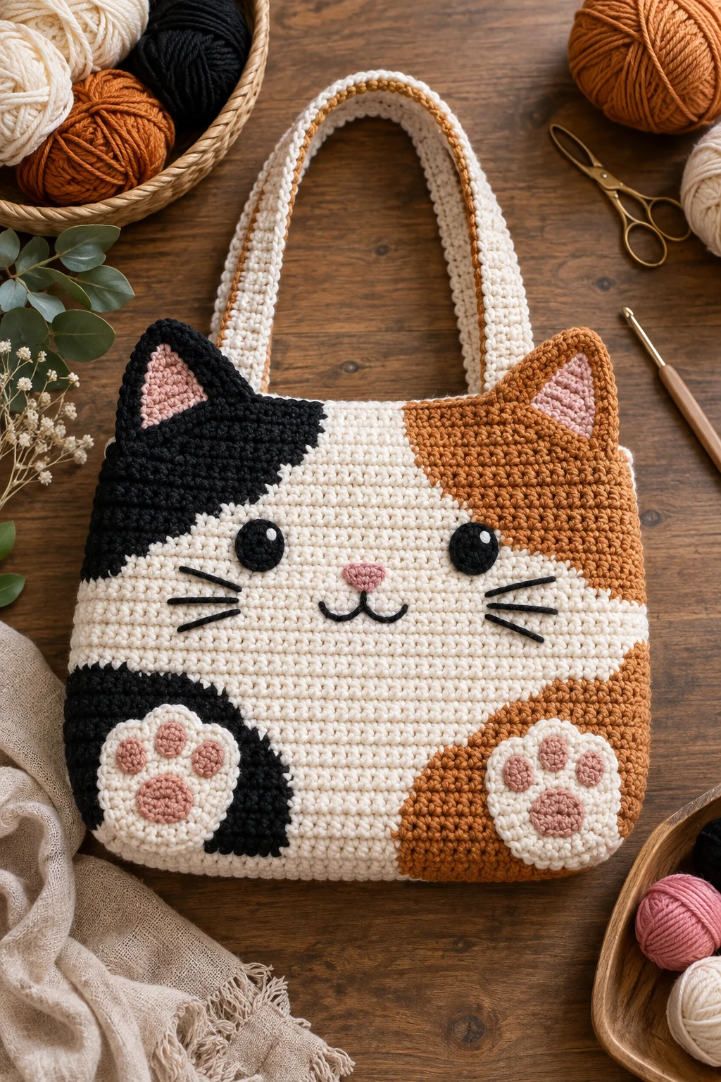 Calico Cat Tote — crochet cat bag style outfit