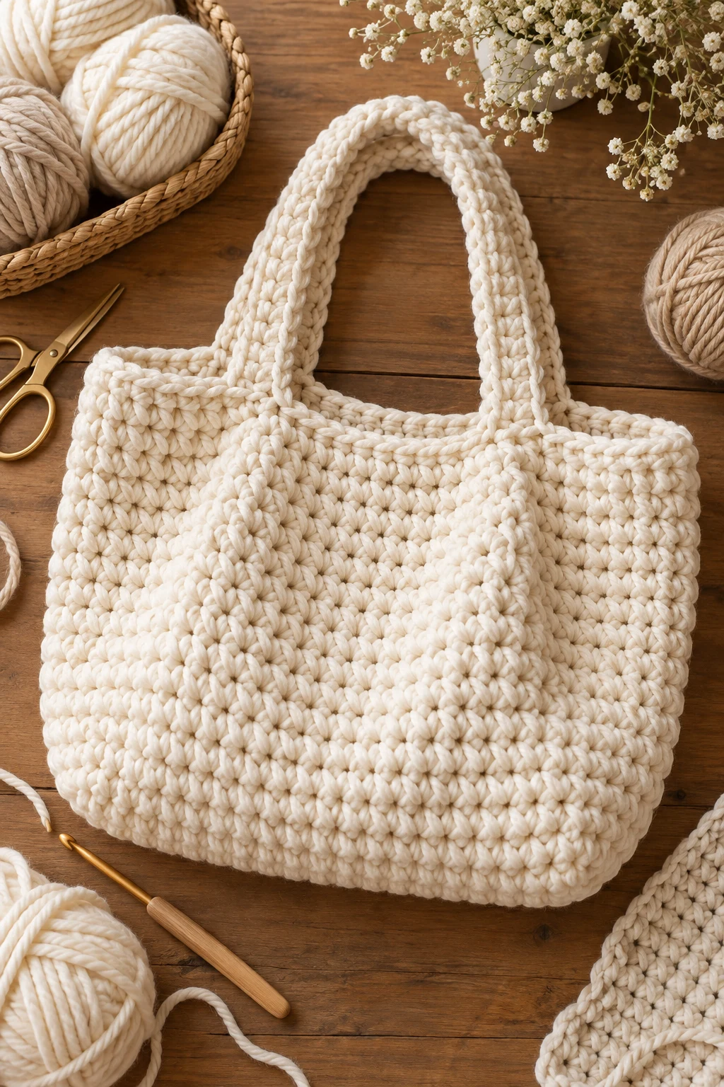 Cream Oversized Everyday Tote — Crochet Chunky Bag — crochet chunky bag style outfit