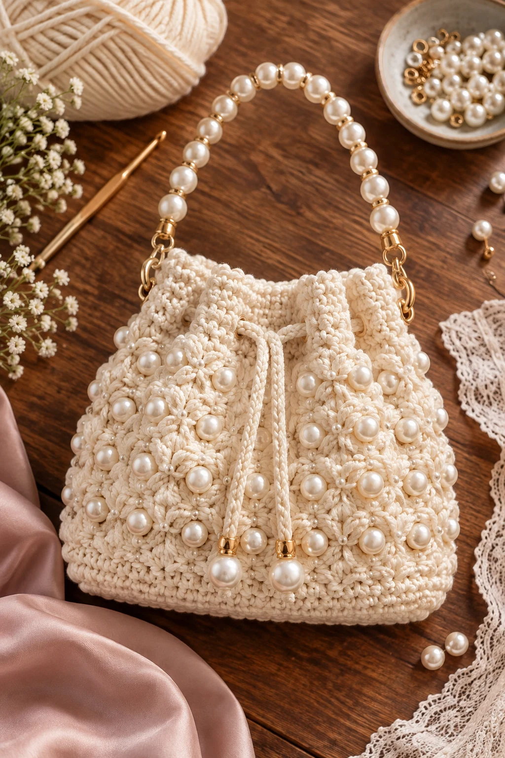 Ivory Pearl-Trimmed Evening Bag — crochet chunky bag style outfit