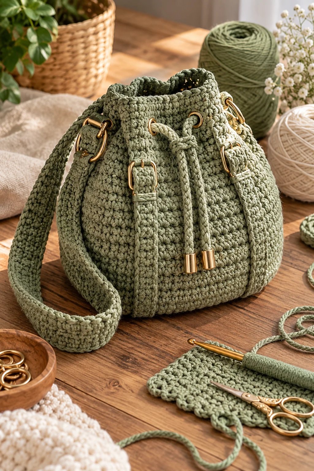 Sage Green Duffle-Inspired Bag — crochet chunky bag style outfit