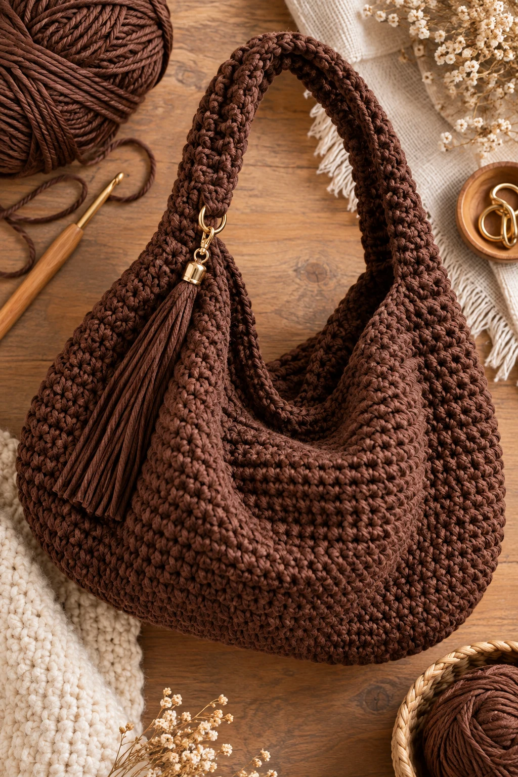 Chocolate Brown Slouch Bag — crochet chunky bag style outfit