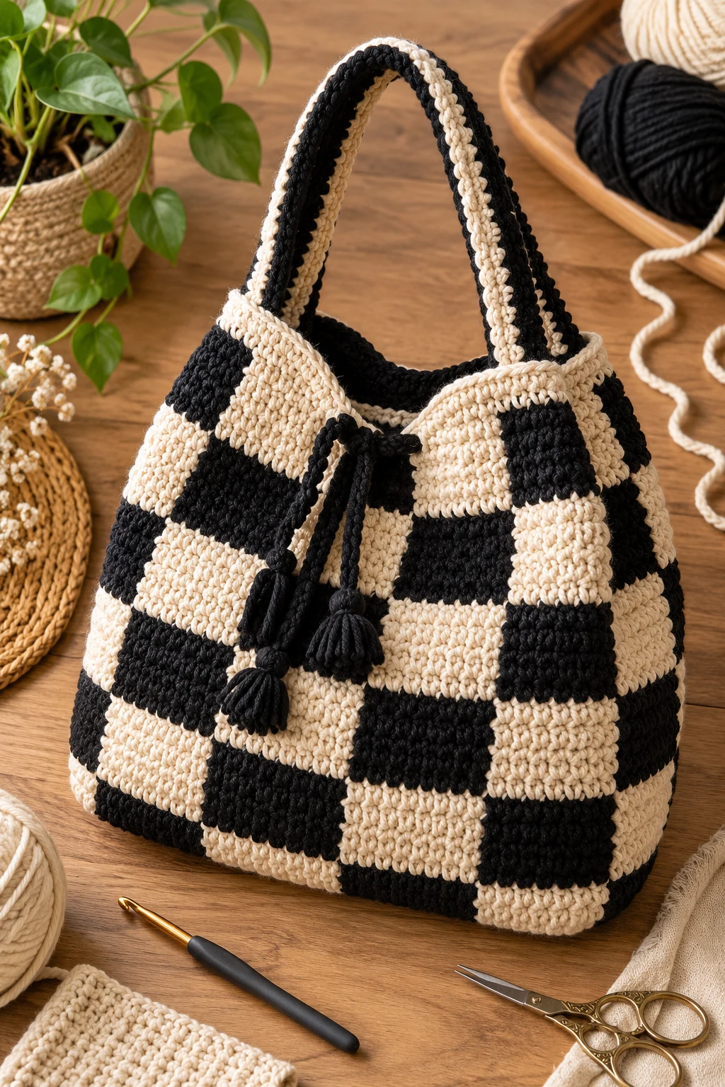 Black-and-Cream Checkerboard Bag — crochet chunky bag style outfit