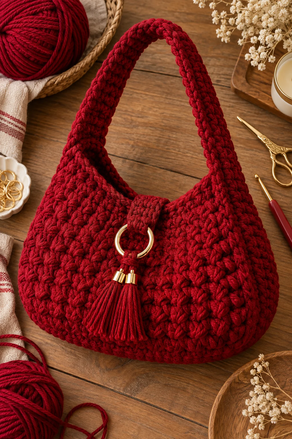Cherry Red Statement Shoulder Bag — crochet chunky bag style outfit