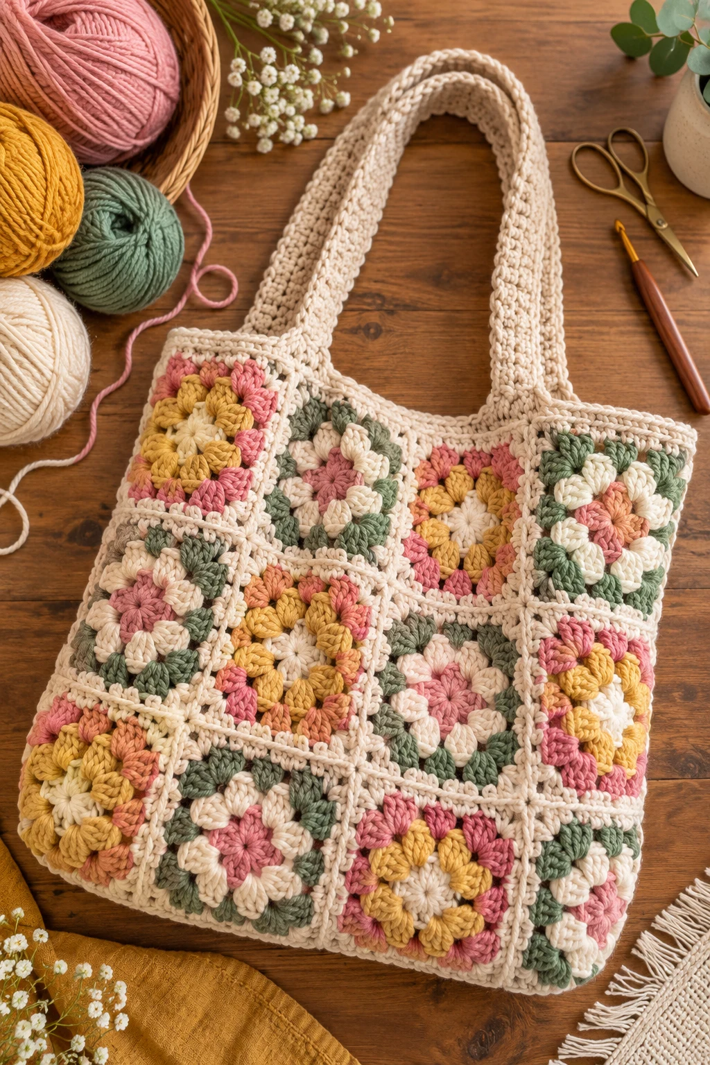 Chunky Granny Square Market Tote — crochet chunky bag style outfit