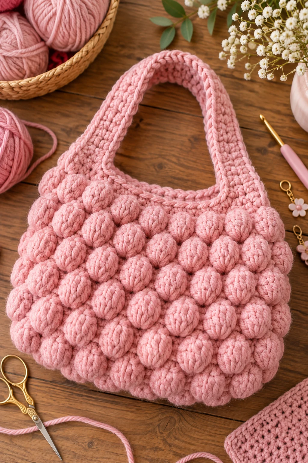 Soft Pink Bubble-Stitch Bag — crochet chunky bag style outfit