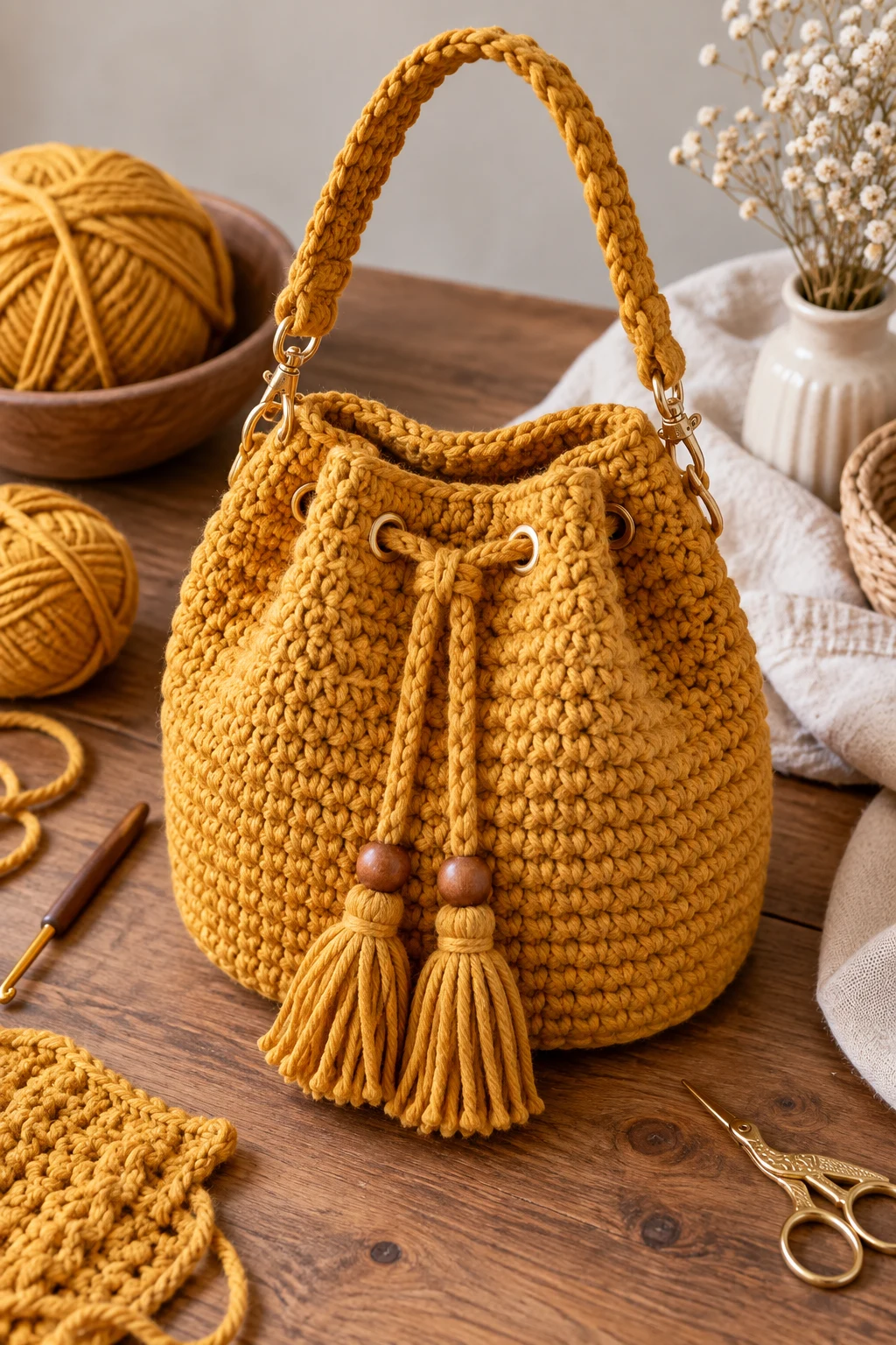 Mustard Bucket Bag — crochet chunky bag style outfit