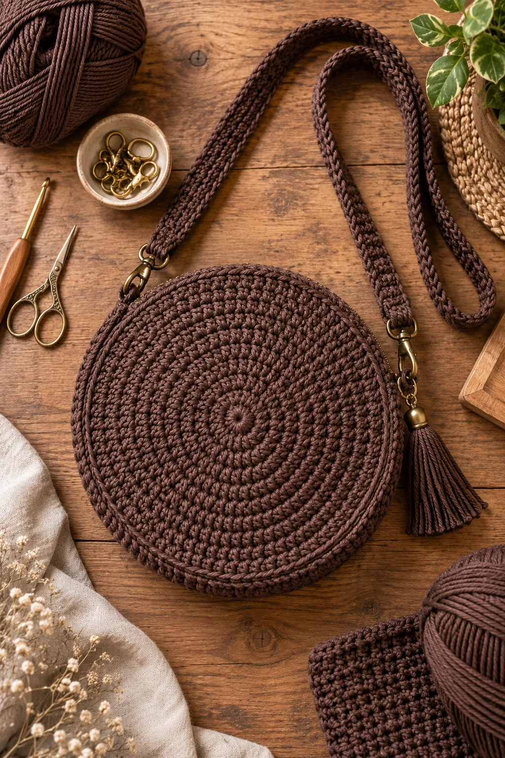 Classic Chocolate Brown Crochet Circle Bag — crochet circle bag style outfit
