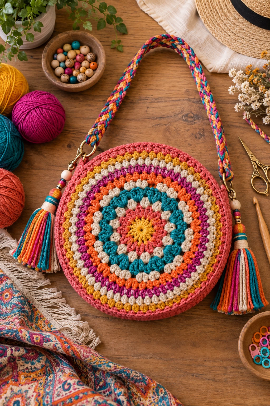 Colorful Festival Crochet Circle Bag — crochet circle bag style outfit
