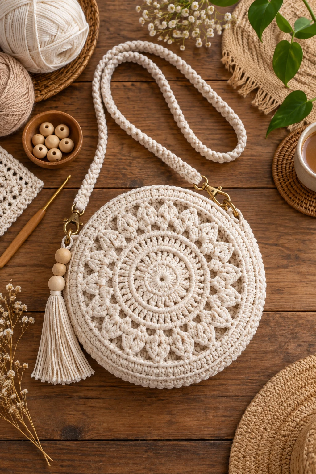 Cream Boho Crochet Round Bag — crochet circle bag style outfit