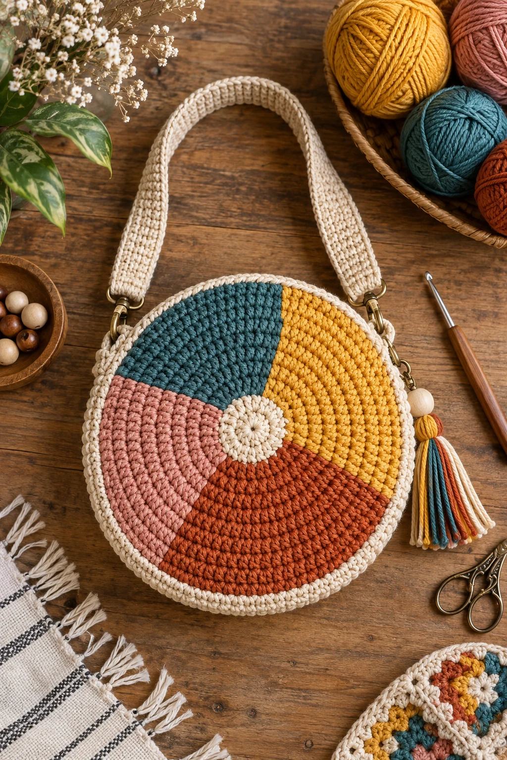 Color-Blocked Crochet Circle Bag — crochet circle bag style outfit