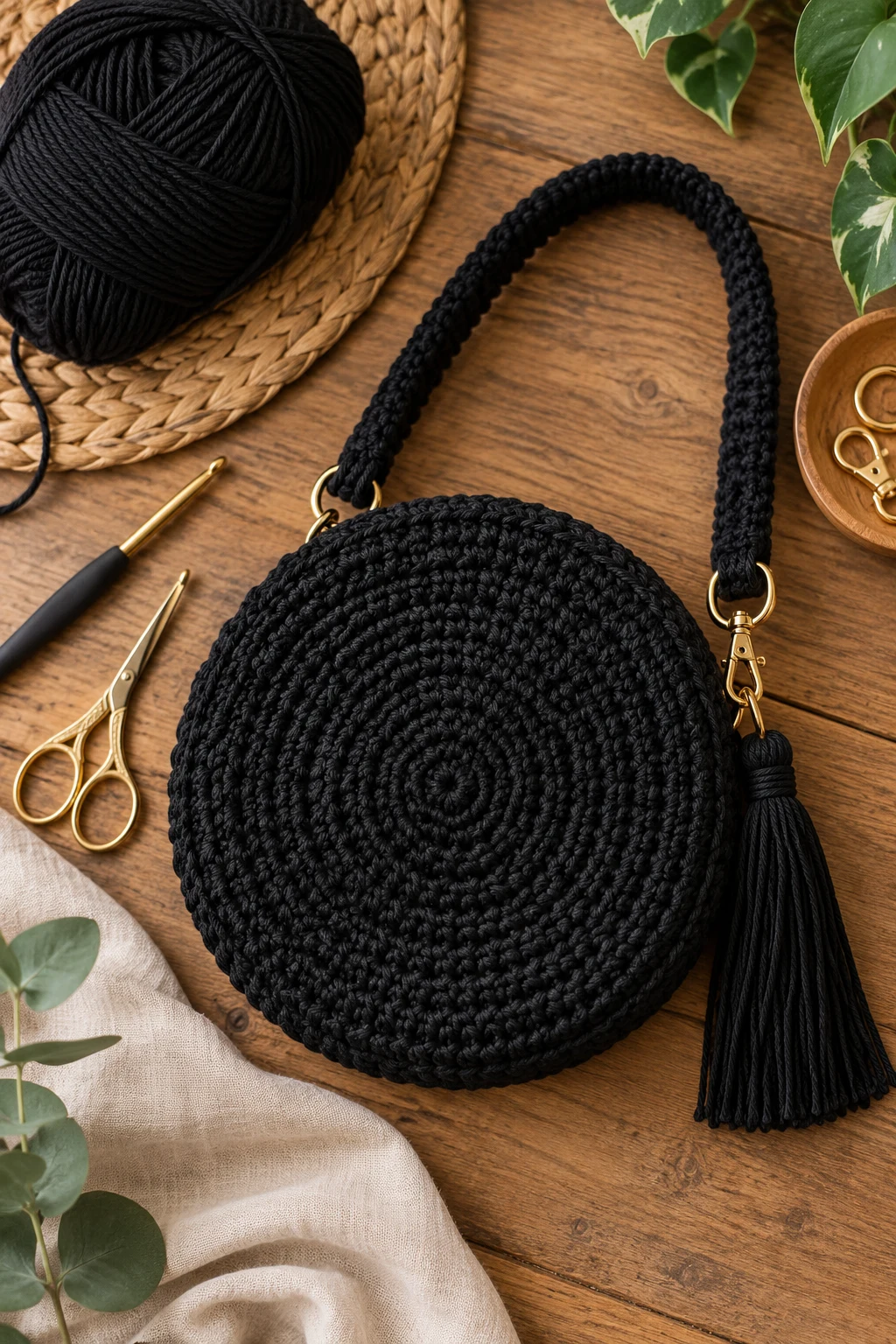 Minimalist Black Crochet Circle Bag — crochet circle bag style outfit