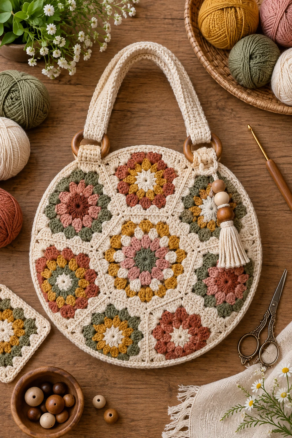 Granny Square Circle Bag — crochet circle bag style outfit
