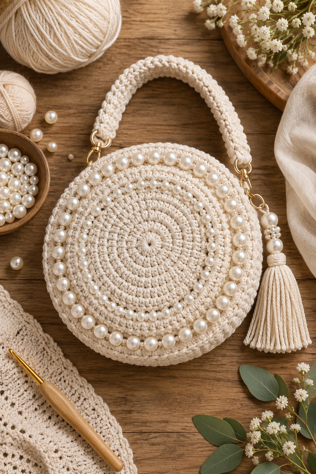 Pearl-Trimmed Crochet Circle Bag — crochet circle bag style outfit
