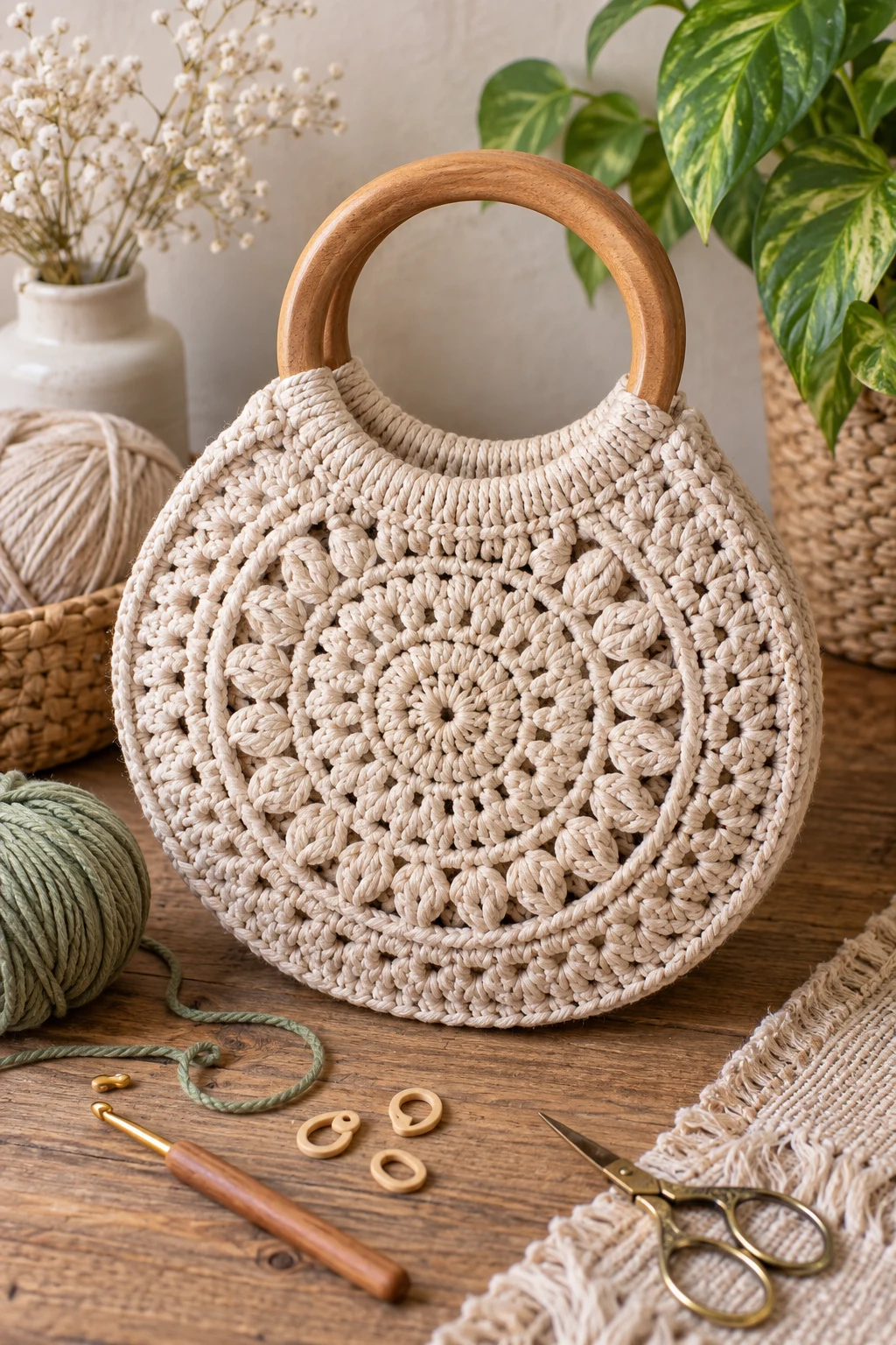 Crochet Ring Bag With Wooden Handles — crochet circle bag style outfit